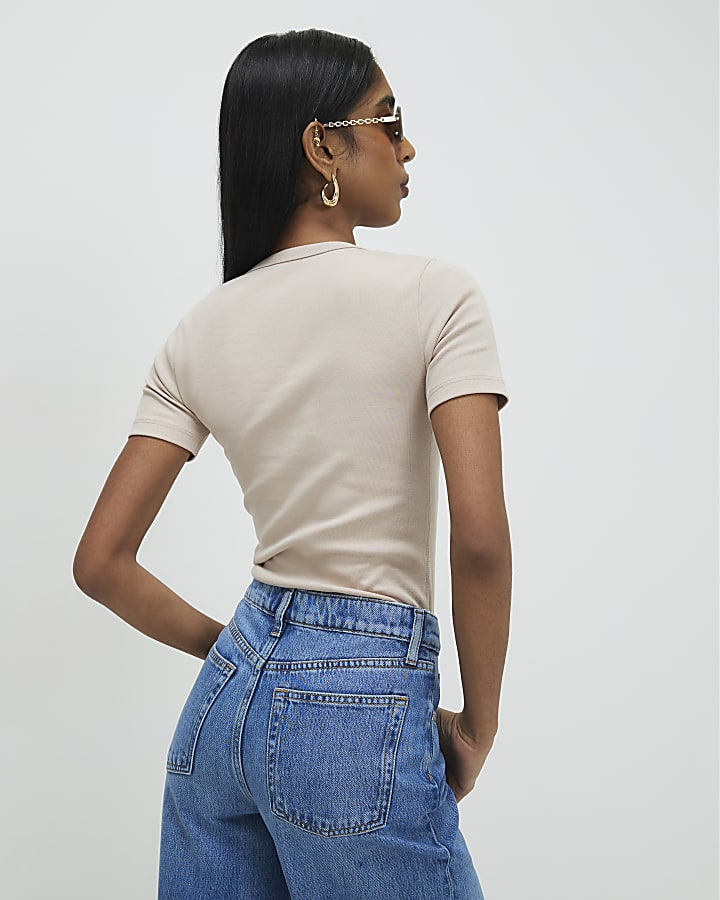 Beige V Neck T-Shirt