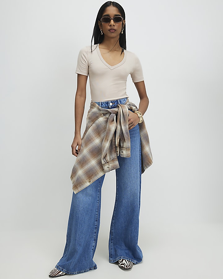 Beige V Neck T-Shirt