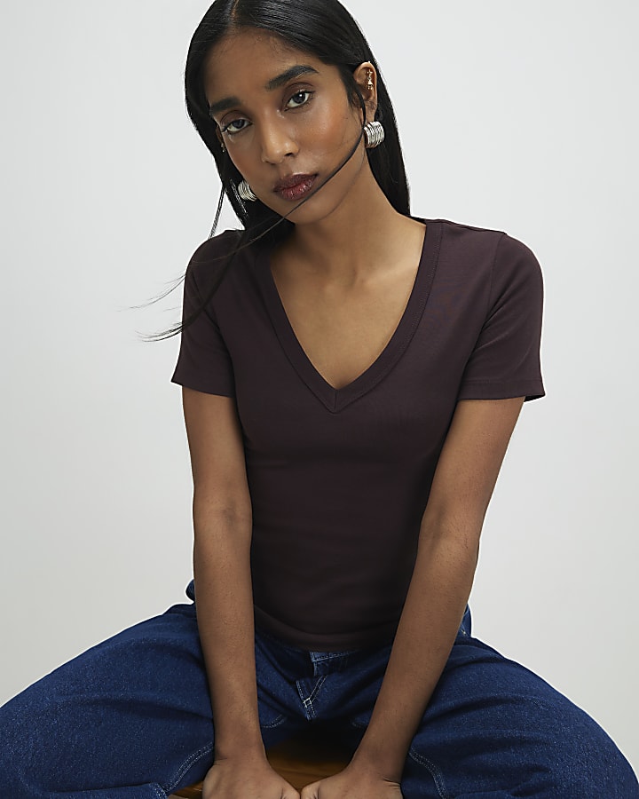 Brown V Neck T-Shirt