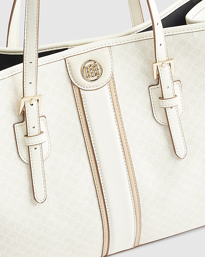Cream Stripe Monogram Shopper Bag