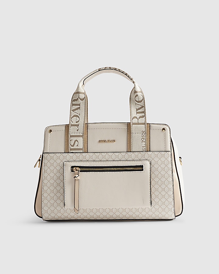 Beige Webbing Front Tote Bag