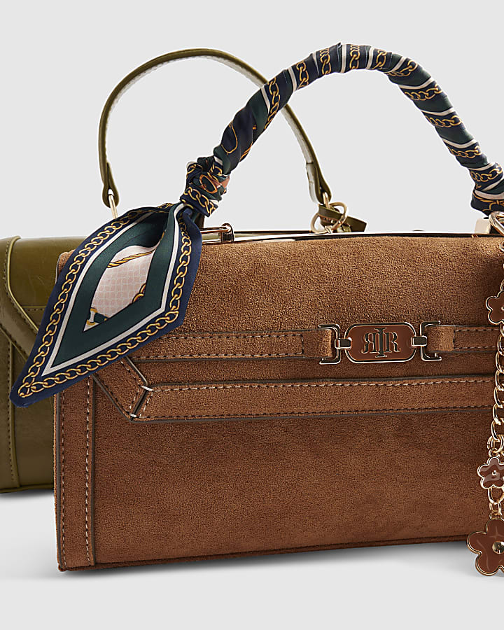 Brown Faux Suede Charms Cross Body Bag