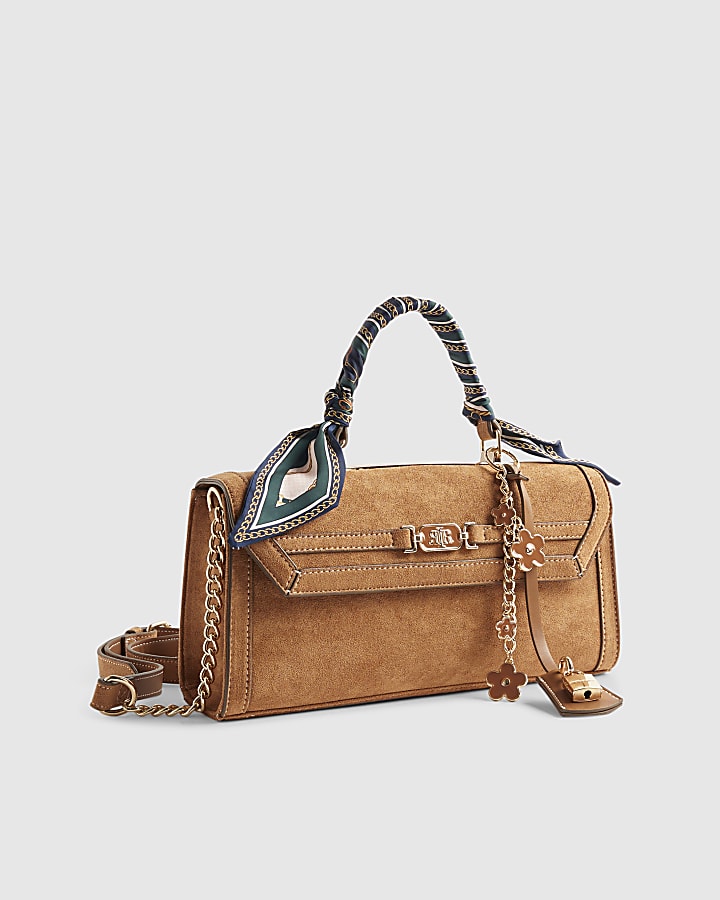 Brown Faux Suede Charms Cross Body Bag