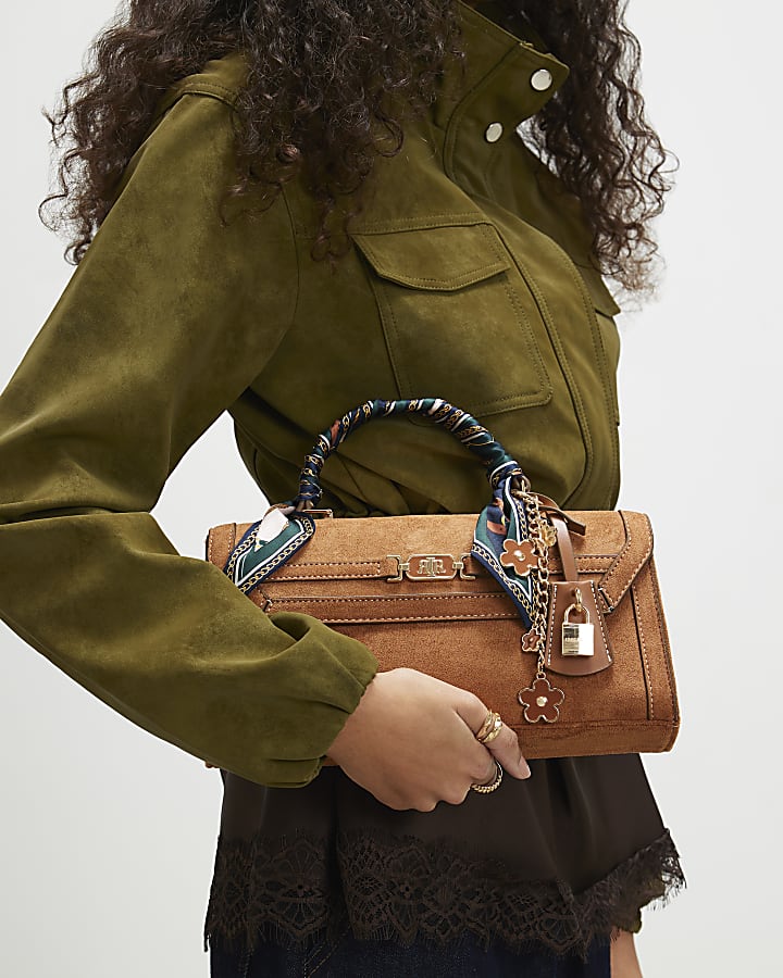 Brown Faux Suede Charms Cross Body Bag