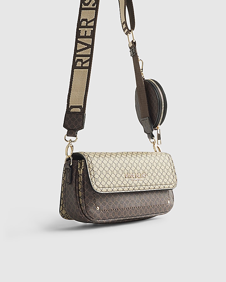 Brown Monogram Print Cross Body Bag