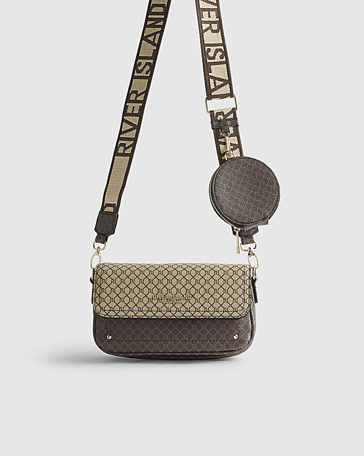Brown Monogram Print Cross Body Bag