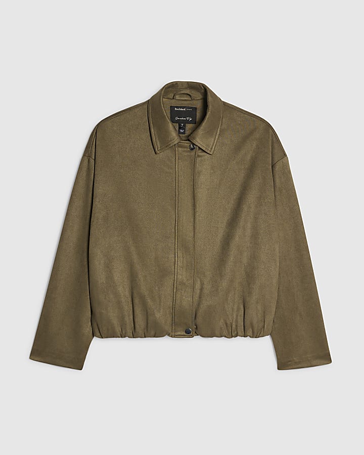 Khaki Faux Suede Bomber Jacket