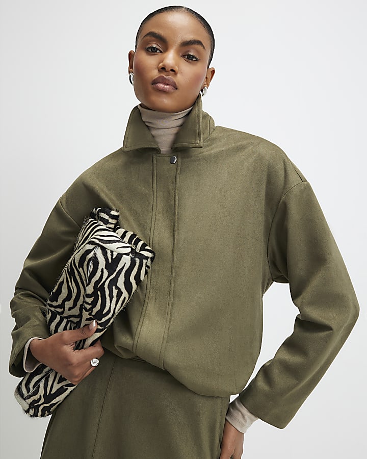 Khaki Faux Suede Bomber Jacket