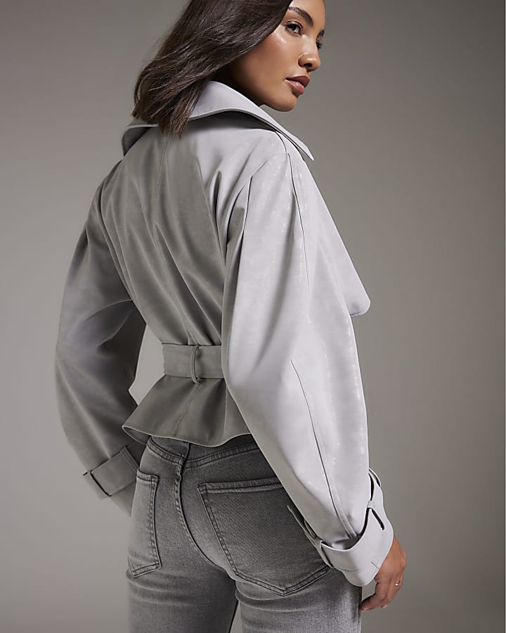 Grey Faux Leather Cropped Belted Trench Coat