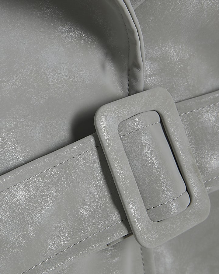 Grey Faux Leather Cropped Belted Trench Coat