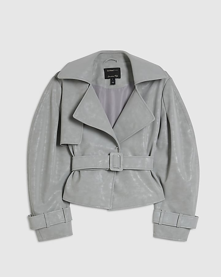 Grey Faux Leather Cropped Belted Trench Coat