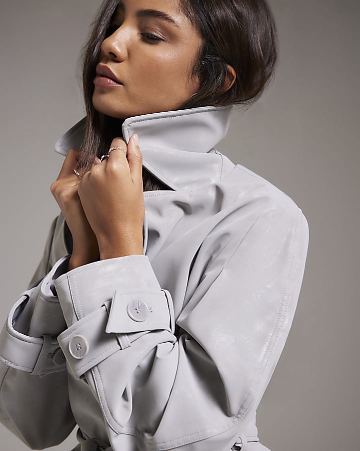 Grey Faux Leather Cropped Belted Trench Coat