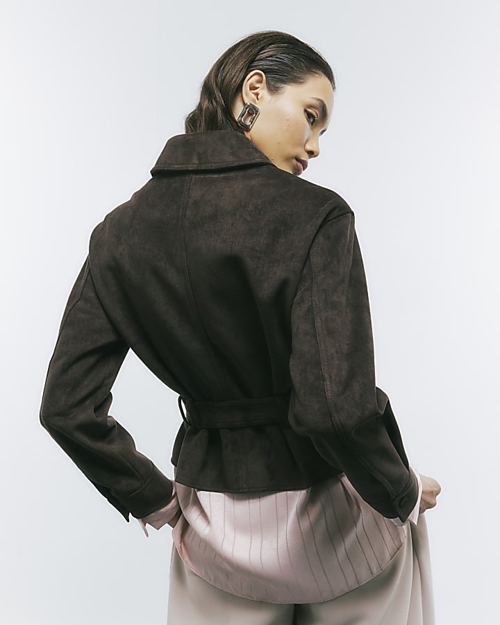 Brown Belted Faux Suede Jacket