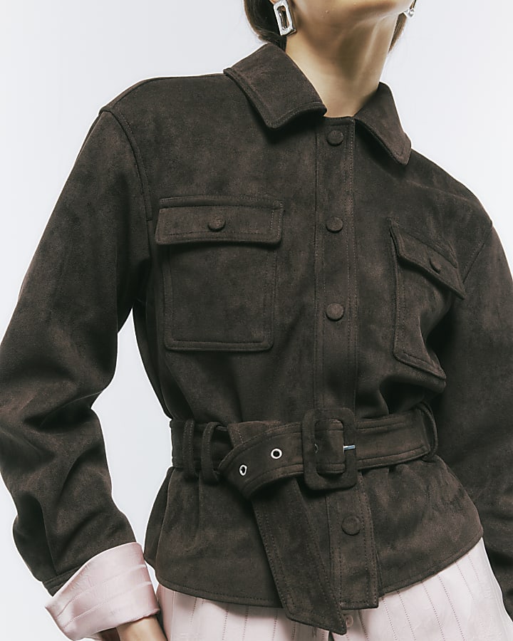 Brown Belted Faux Suede Jacket