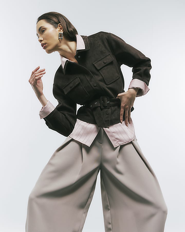 Brown Belted Faux Suede Jacket