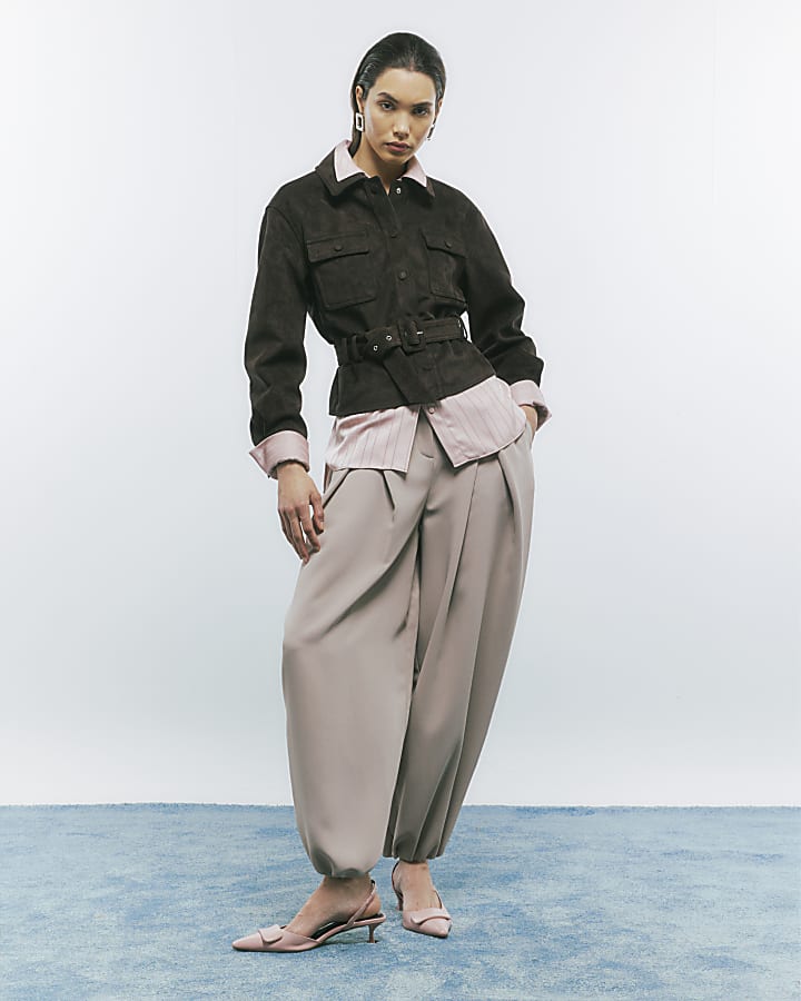 Brown Belted Faux Suede Jacket