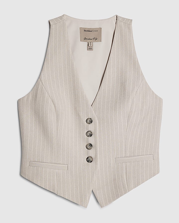 Grey Sleeveless Pinstripe Cropped Waistcoat