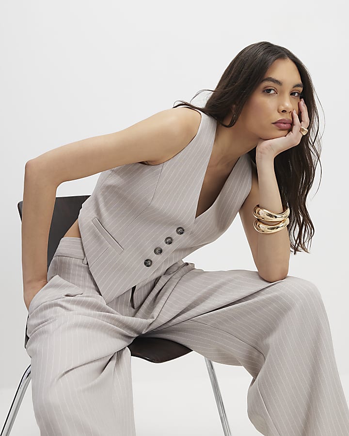 Grey Sleeveless Pinstripe Cropped Waistcoat