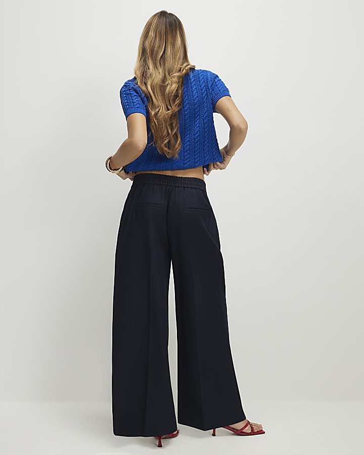 Navy Denim Look Wide Leg Trousers