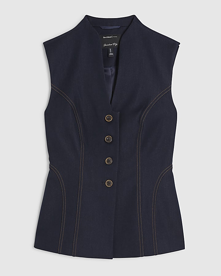 Blue High Neck Denim Waistcoat