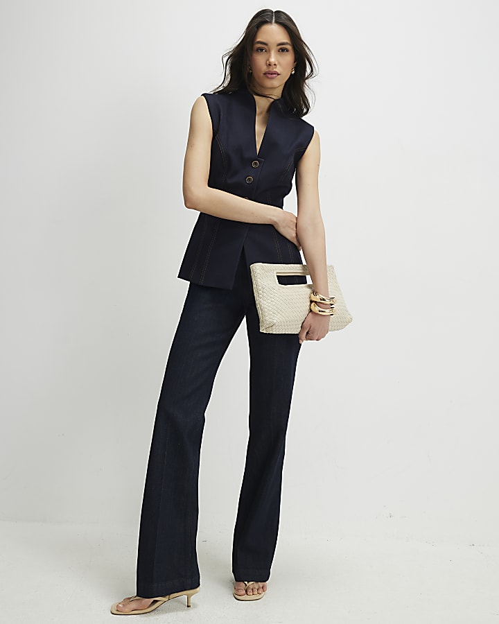 Blue High Neck Denim Waistcoat