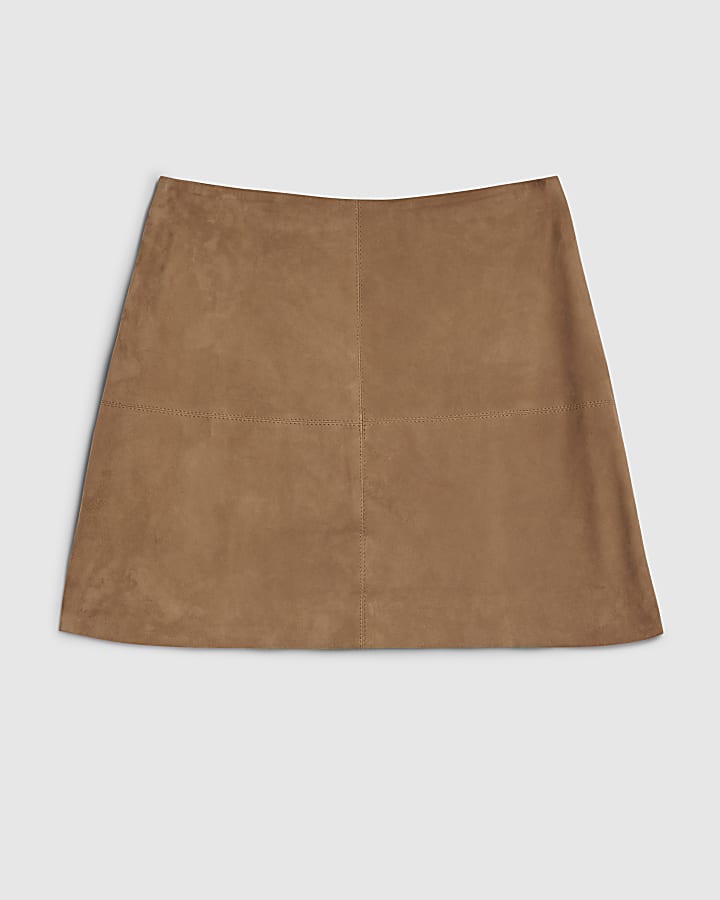Beige Suede Seam Detail Mini Skirt