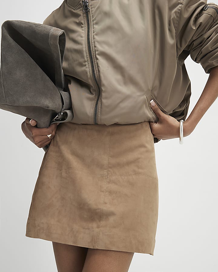 Beige Suede Seam Detail Mini Skirt