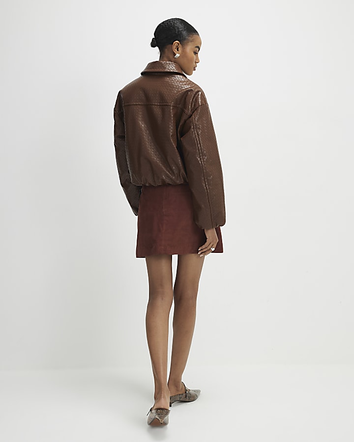 Brown Suede Seam Detail Mini Skirt