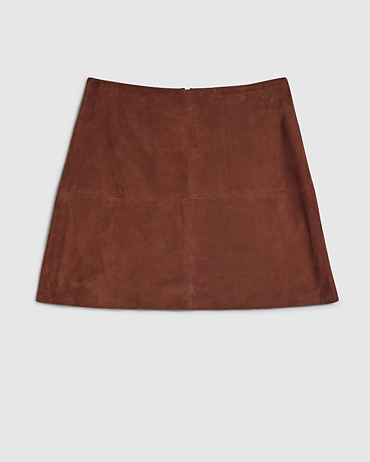Brown Suede Seam Detail Mini Skirt