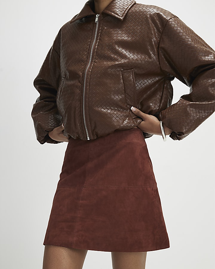 Brown Suede Seam Detail Mini Skirt