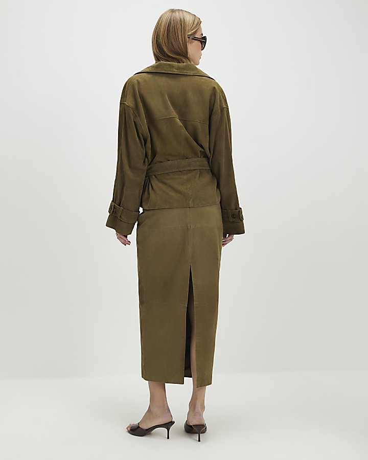 Green Suede Seam Detail Maxi Skirt