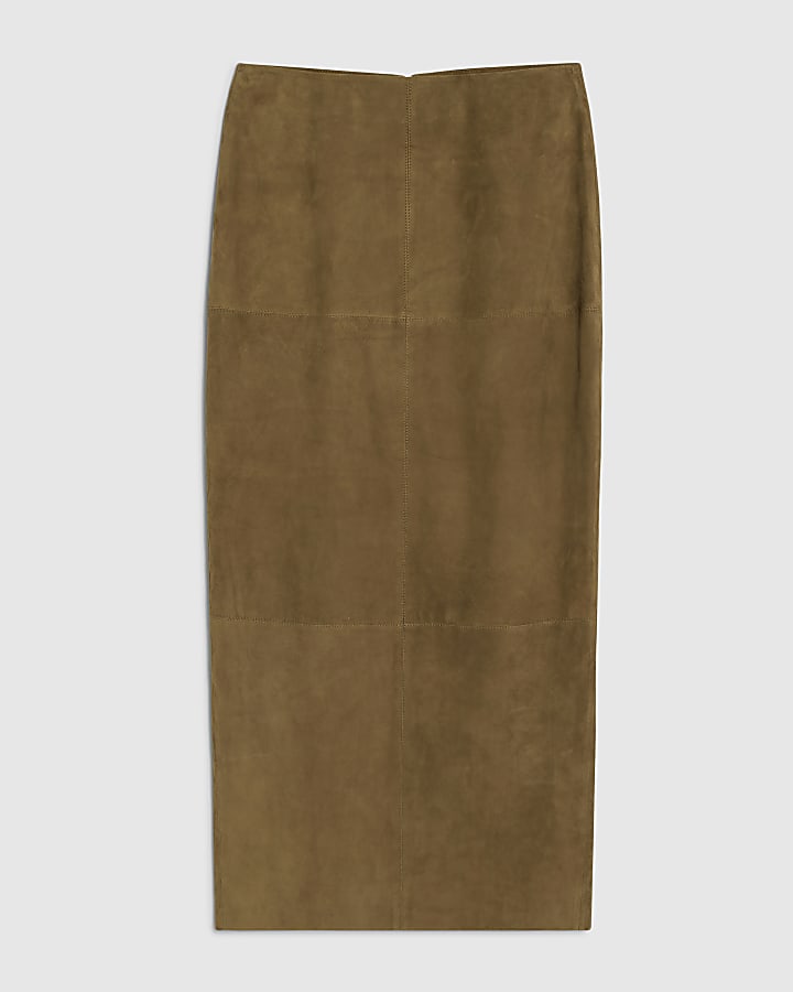 Green Suede Seam Detail Maxi Skirt