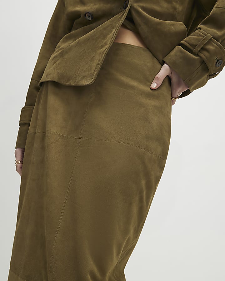 Green Suede Seam Detail Maxi Skirt