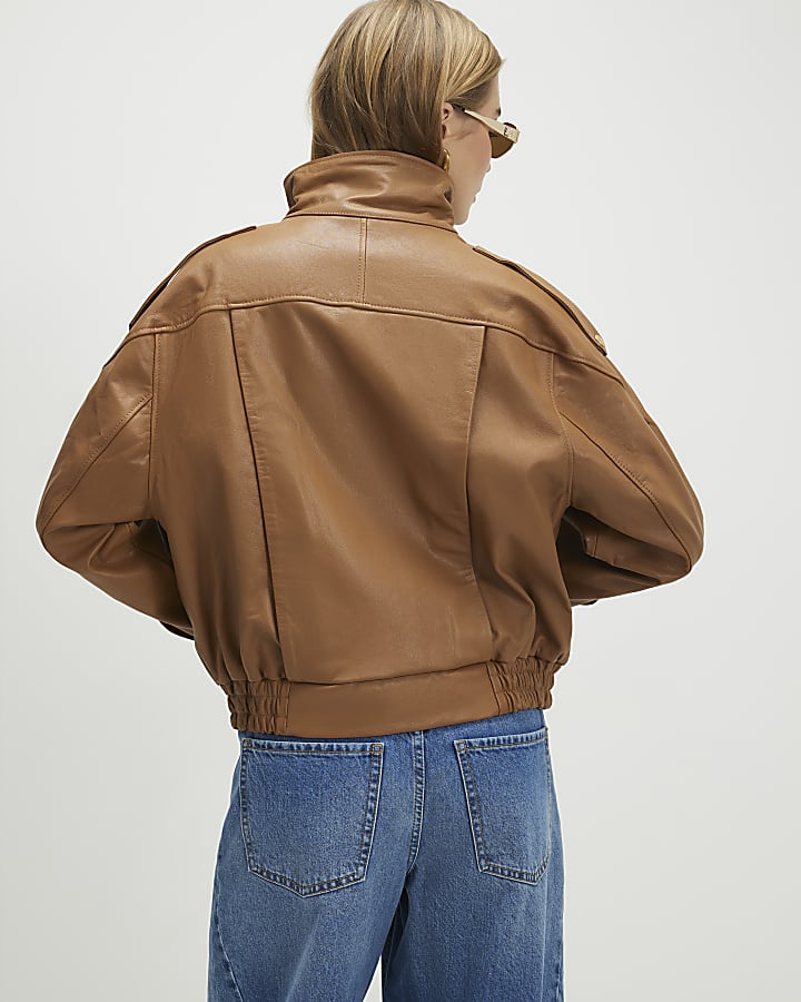 Brown Leather Funnel Bomber Jacket
