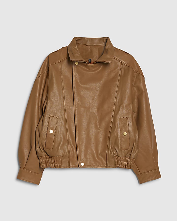 Brown Leather Funnel Bomber Jacket