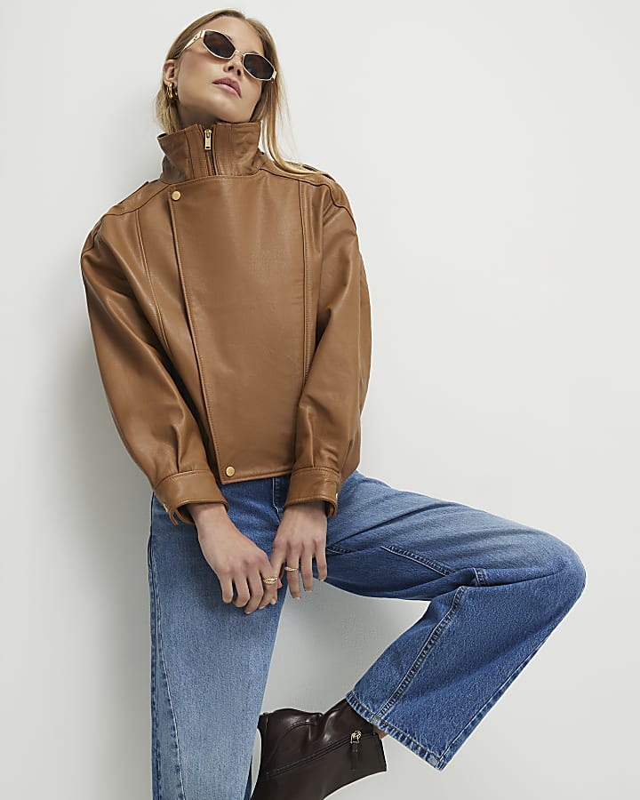 Brown Leather Funnel Bomber Jacket