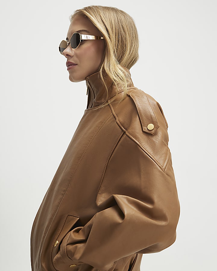Brown Leather Funnel Bomber Jacket