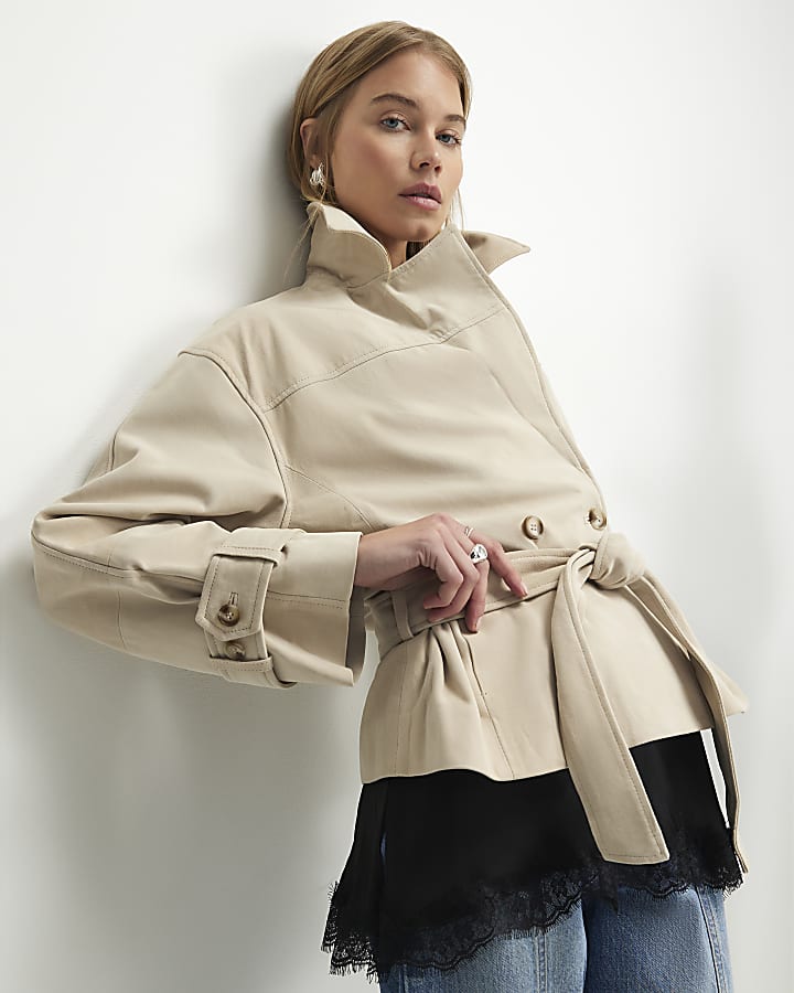 Cream Suede Cropped Trench Coat