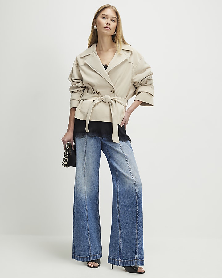 Cream Suede Cropped Trench Coat