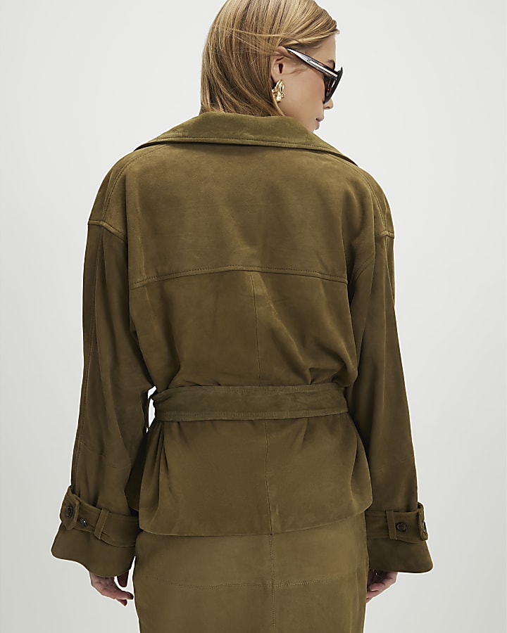 Green Suede Cropped Trench Coat