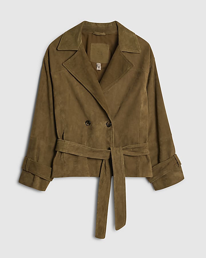 Green Suede Cropped Trench Coat