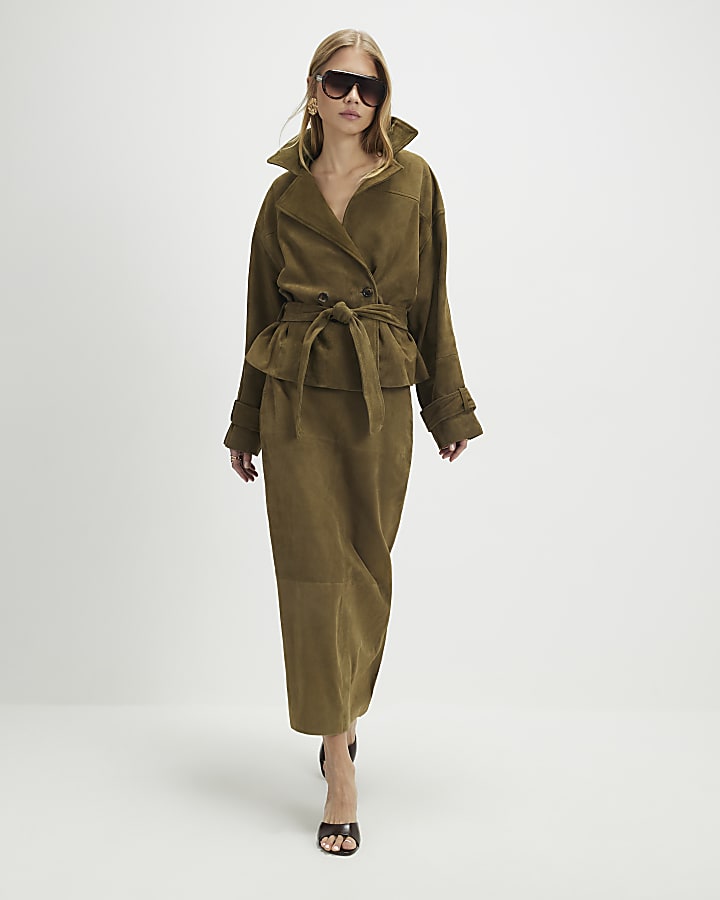 Green Suede Cropped Trench Coat