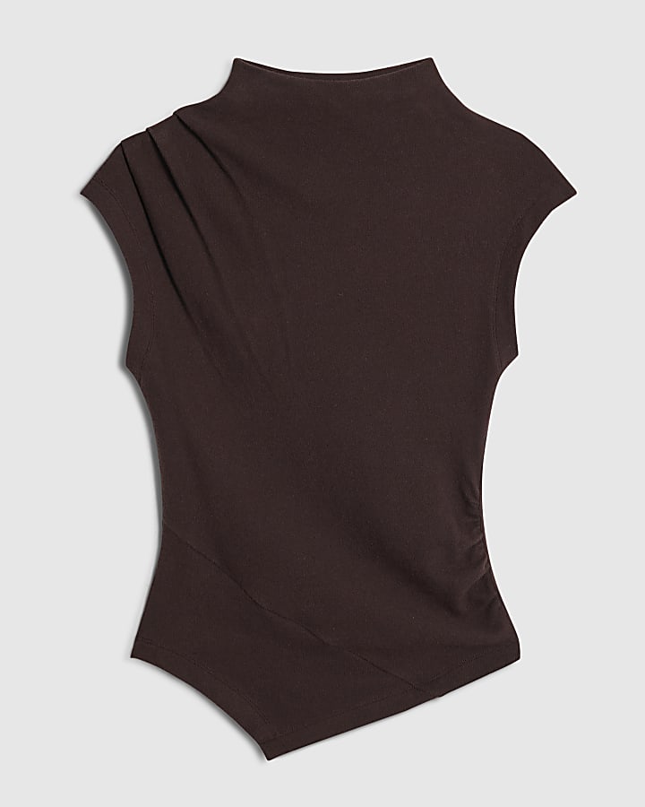 Brown Cosy Sleeveless Drape Top