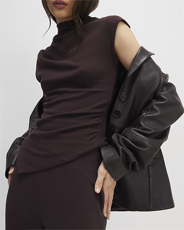 Brown Cosy Sleeveless Drape Top