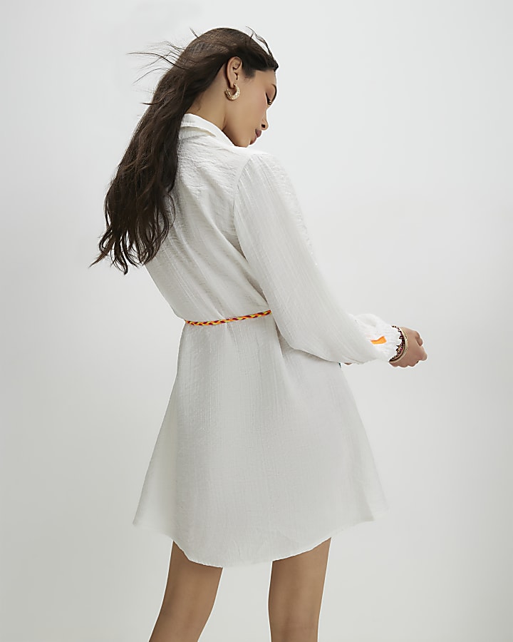White Print Tie Shirt Dress