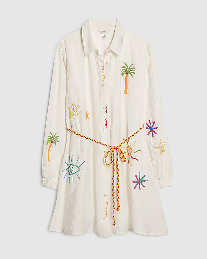 White Print Tie Shirt Dress
