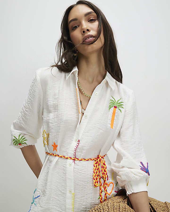 White Print Tie Shirt Dress