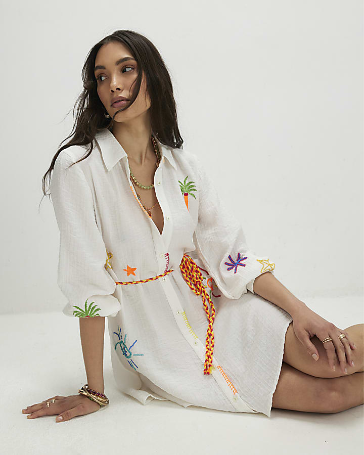 White Print Tie Shirt Dress