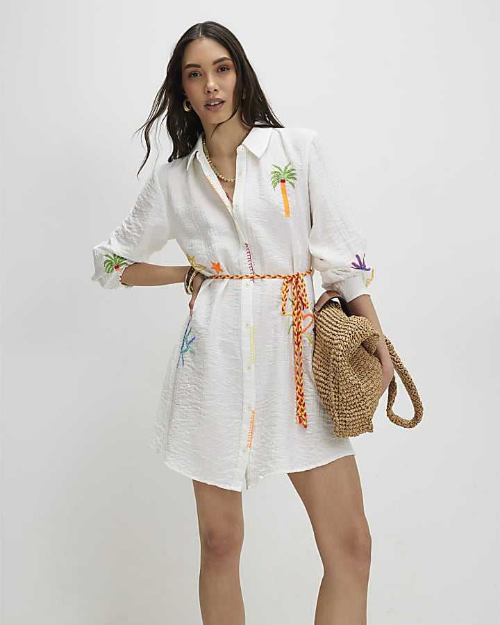 White Print Tie Shirt Dress