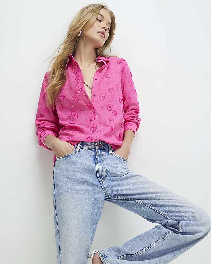Pink 3D Floral Embellished Shirt